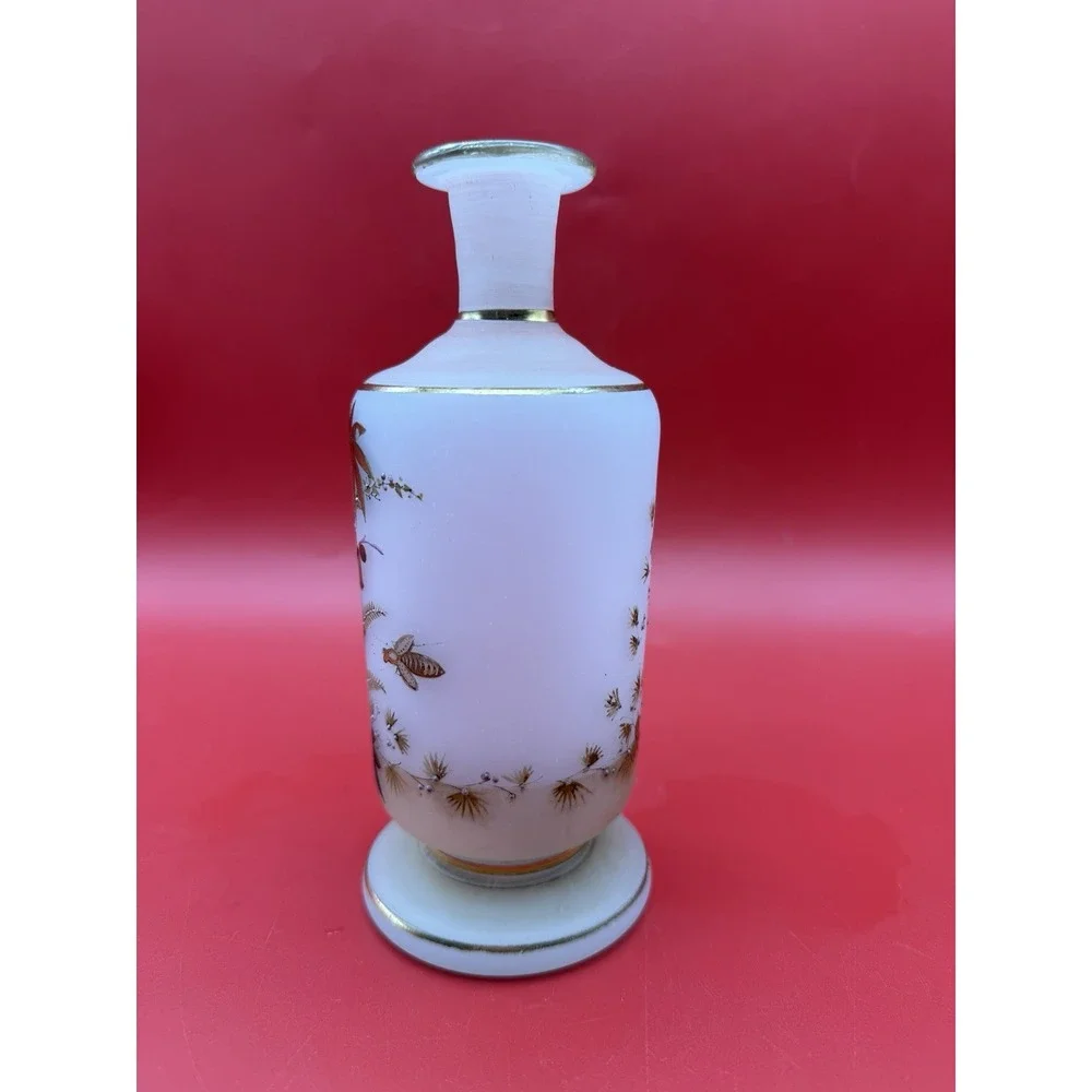 Hand Painted Floral White Opaline Bristol Glass Bottle/Vase 6.75